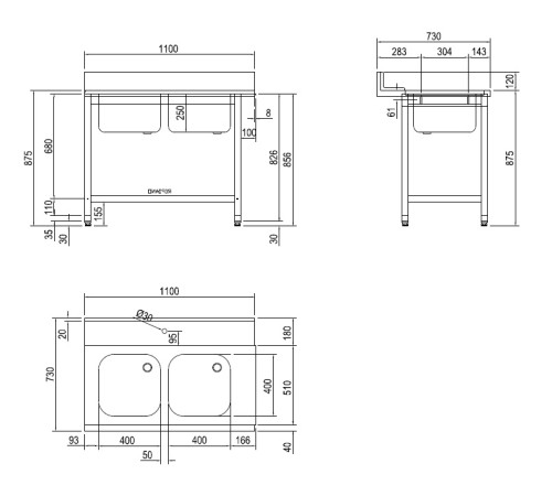 СТОЛ Д/ГРЯЗ.ПОСУДЫ DIHR T55 1100 SX СПЕЦ. 2 ВАННЫ