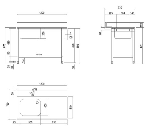 СТОЛ Д/ГРЯЗ.ПОСУДЫ DIHR T55 1200 SX СПЕЦ. ВАННА СЛЕВА