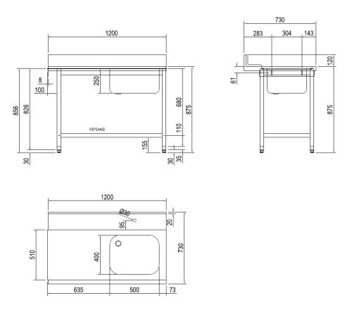 СТОЛ Д/ГРЯЗ.ПОСУДЫ DIHR T55 1200 DX СПЕЦ. ВАННА СПРАВА
